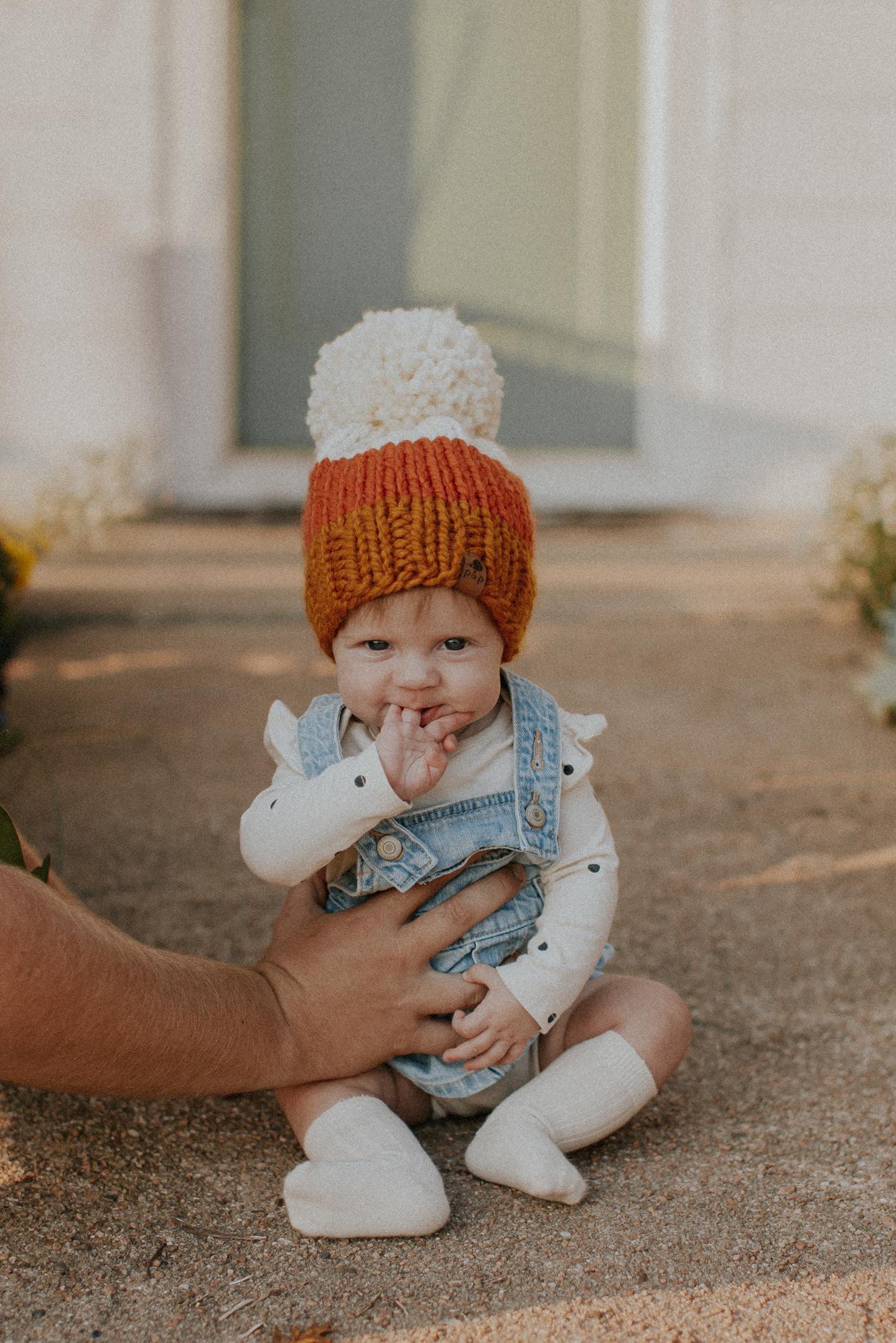 Candy Corn Pom-Pom Beanie – Clover Needlecraft